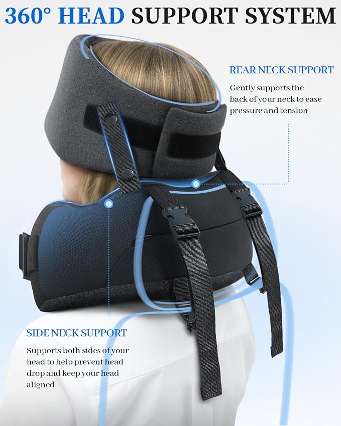 Travel Pillow for Long Flight Airplanes, Head Strap with Soft Eye Mask for Sleep, Memory Foam Travel Neck Pillow for Car Trip Essential, 360° Headrest Support to Stop Head Bobbing, EVA Case, Grey - Image 3