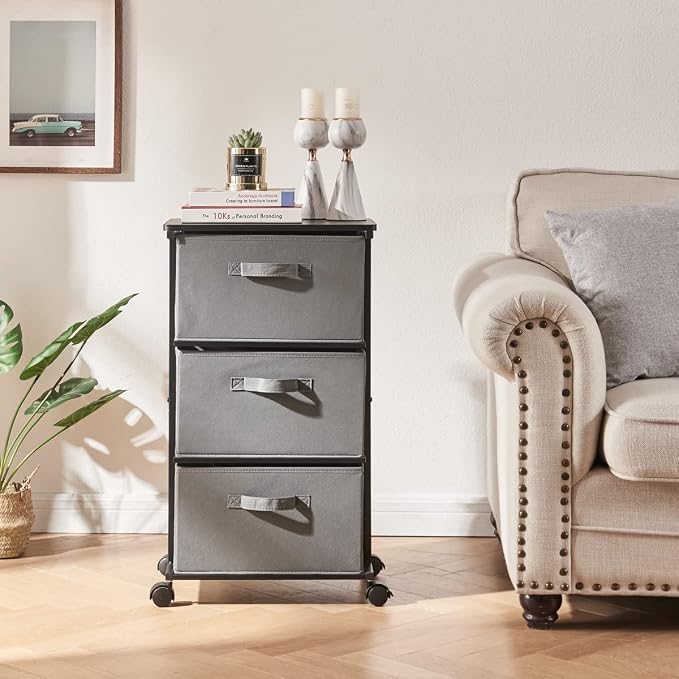 MAX Houser Dresser Tower with 3 Drawers, Grey | Fabric Storage Organizer Unit, Chest of Drawers with with WoodTop, Small Vertical Storage for Guest Room, Closet, Entryway - Image 8