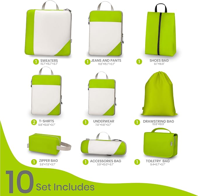 Compression Travel Packing Cubes with White Mesh, Green, 10Pcs | Waterproof fabric and See-Through Mesh, Space-Saving Compression Organizer for Travel and Daily Clothes Storage - Image 2