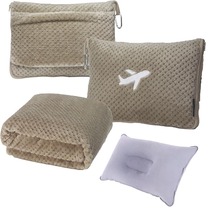 3 in 1 Travel Blanket Pillow Set - 350 GSM Thick Travel Blanket Airplane Compact with Bag, Soft Bag with a Pocket, Inflatable Travel Pillow for Camping & Car Trip (Light Coffee) by Nenolix