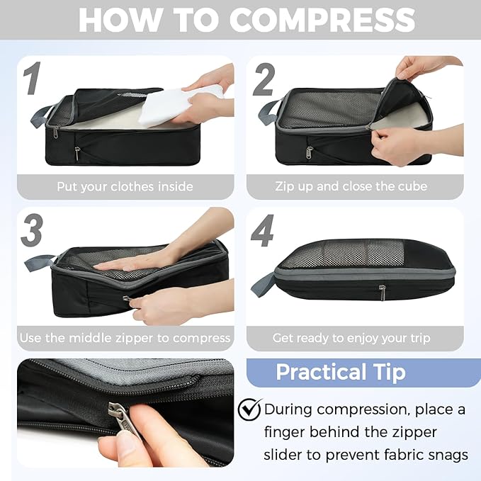 BAGAIL 4 Set/6 Set/8 Set Compression Packing Cubes Travel Accessories Expandable Packing Organizers (Half Mesh, 8-Jet Black) - Image 5