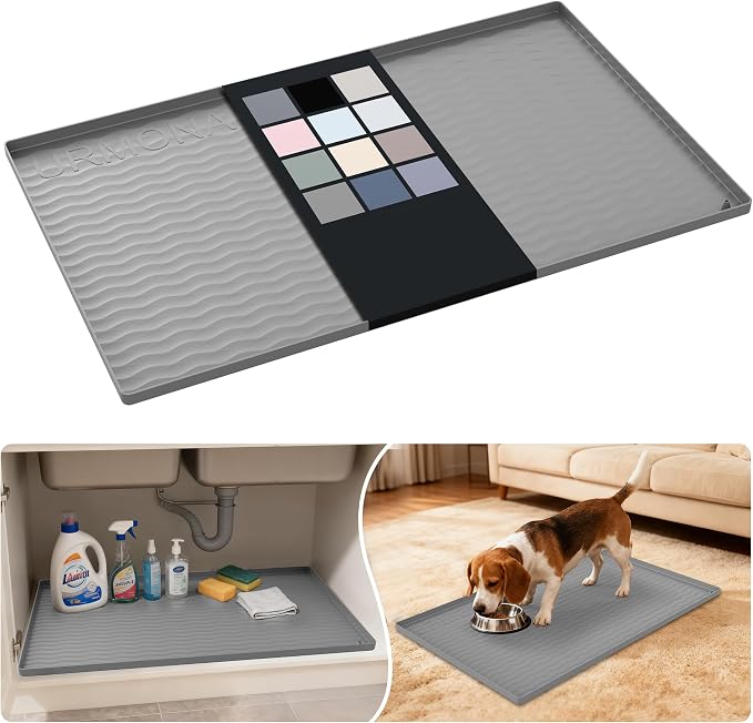 URMONA Waterproof Silicone Under Sink Mat 31'' x 19'' Shelf Liner for Kitchen and Bathroom, Cabinet and Counter Protector, Storage and Organizers, Litter Mat, Pet Cat Puppy Essentials(Beige) by URMONA