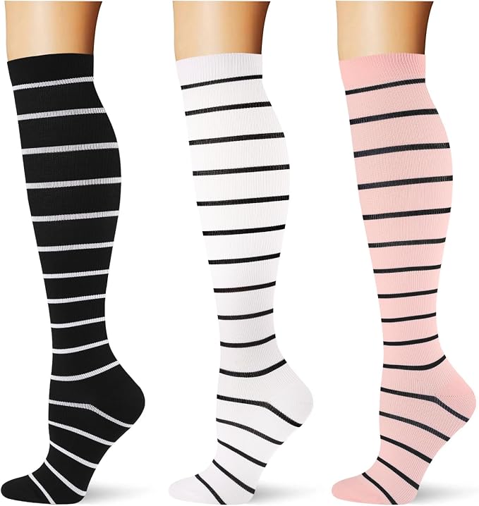 (3 pairs) Compression Socks 20-30 mmHg Long Knee High Socks for Women Men Support Athletic Travel Daily Wear by Saniripple
