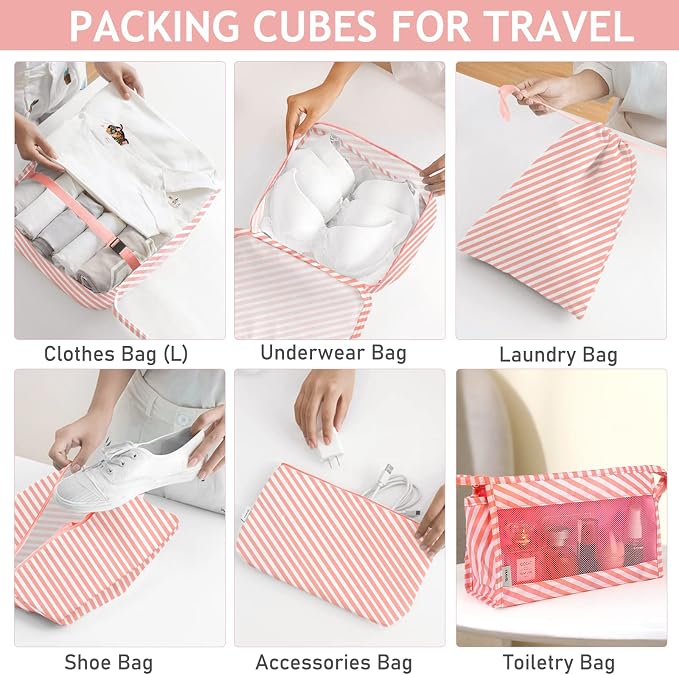 KPX 8 Set Packing Cubes for Travel, Luggage Packing Organizers Accessories Large Toiletries Bag for Clothes Shoes Cosmetics (Pink Strips) - Image 4