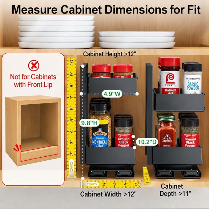 Pull Out Spice Rack - 2 Pack Swivel Spice Organizer for Cabinet | For Flat-Front Cabinets Only, Pull-Out Rotating Access, No-Drill Mount, Keeps Spices Visible Easy to Reach, Adjustable Height - Image 2