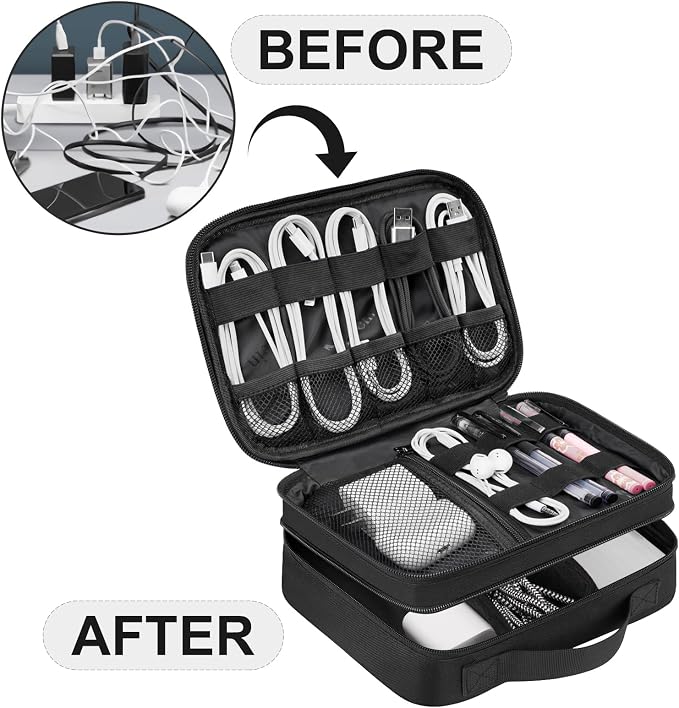 MATEIN Small Electronic Organizer Travel Case, Double Layer Cable Organizer | for Travel Accessories, Water Resistant Portable Tech Case for Phone, Cords, Charger, Earphone, Tech Gifts, Black - Image 3