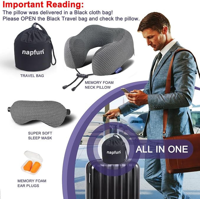 napfun Neck Pillow for Travel with Travel Pouch, Sleep Mask & Earplugs, Memory Foam Airplane Pillow for Headrest Sleep with Eyeshades, Plane Essentials with Eye Blindfold, Dark Gray Striped Kit - Image 6