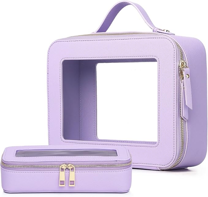 Pinkmik Clear Makeup Bag with Brush Bag, (Purple, L+SLIM) | 2pcs, Waterproof, Travel Case for Cosmetics and Toiletries, Women's Cosmetic Organizer, with Zipper by Pinkmik