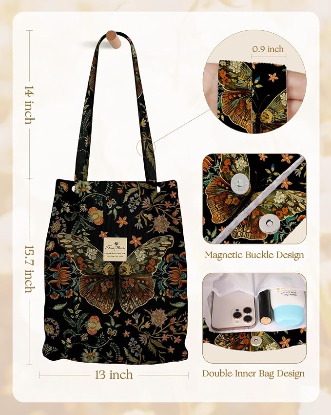 Miss Adola Corduroy Tote Bag for Women with Aesthetic Design | Magnetic Buckle & Pocket, Reusable, Soft, Roomy, Long Shoulder Handles, Double-sided Print, Casual Daily Work, Grocery Bags - Image 5