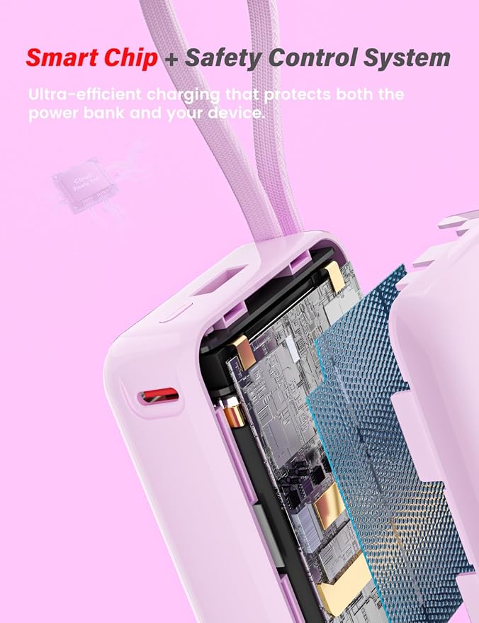 M1 Mini Portable Charger, 10000mAh Ultra-Compact Power Bank, 22.5W PD Fast Charging, Tpye-C Built-in Cable, Small External Battery Pack for iPhone, Samsung, Android iPad (Pink) - Image 5
