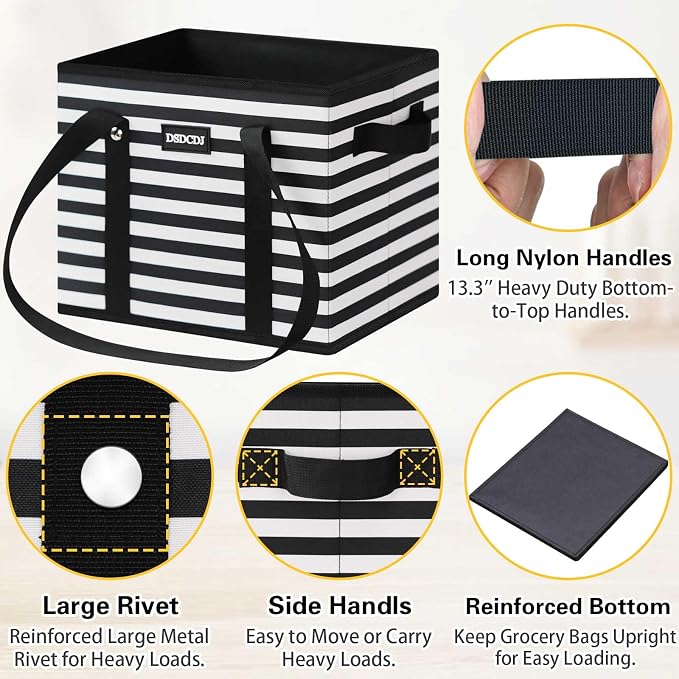 Reusable Grocery Bags 3 Pack - Heavy Duty Reusable Shopping Bags with Hard Bottom & Long Handles, Foldable Utility Tote Bag with Box Shape to Stand Up, 13x10.23x11in, Stripe Black - Image 5