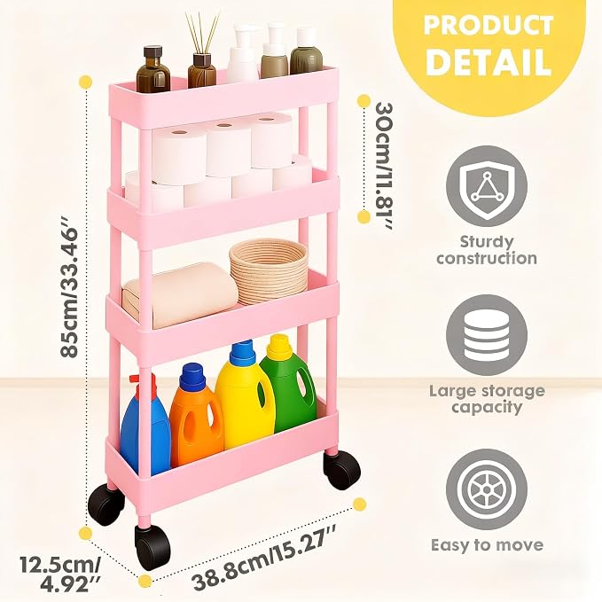ShellKingdom 4 Tier Bathroom Storage Organizer, Slim Rolling Storage Cart for Narrow Space, Mobile Shelving Unit with Lockable Wheels and Hooks for Bathroom, Kitchen, Laundry Movable Shelf (Pink) - Image 6