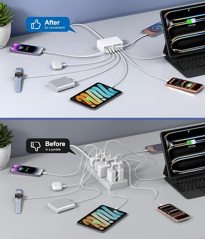 2026 Latest USB C Charger Block, 8 in 1 GaN Retractable Charger Station Hub with Lightening & Type C Cable, 120W Travel Essential Multi USB C Power Strip Plug for iPhone 17 16 15 Pro Max iPad Galaxy - Image 6