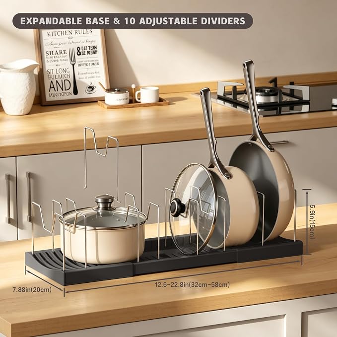 Magheo Pots and Pans Organizer Under Cabinet, Expandable 12.6"-22.8" Kitchen Cabinet Organizer Holder with 10 Adjustable Dividers for Food Storage Container Lid, Cookie Sheet, Cookware(1 Pack, Black) - Image 2