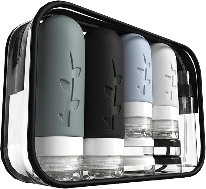 DEPOZA Travel Bottles Kit (16 Pack) - TSA Approved, Leak Proof Silicone Squeezable Containers for Toiletries. Complete Set with Jars, Sprayers & Bag (Black) by TravelingisaspiritualpracticeDepozawillaccompanyyouonyourspiritualpath