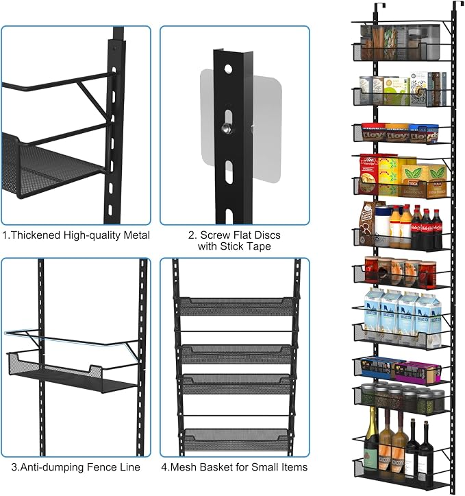 VyGrow Over the Door Pantry Organizer, 10-Tier Over the Door Organizer with Adjustable Basket, Door Organization for Pantry Kitchen Storage Room Spice Rack, Black - Image 5