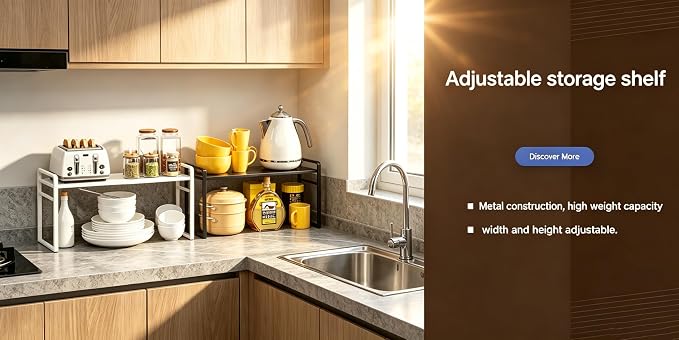 Expandable Cabinet Shelf Organizer Riser for Kitchen Under Sink Countertop | Expandable, metal , 0.8mm-thick shelves, suitable for cabinets, countertops, under-sink areas, and storage rooms - Image 5