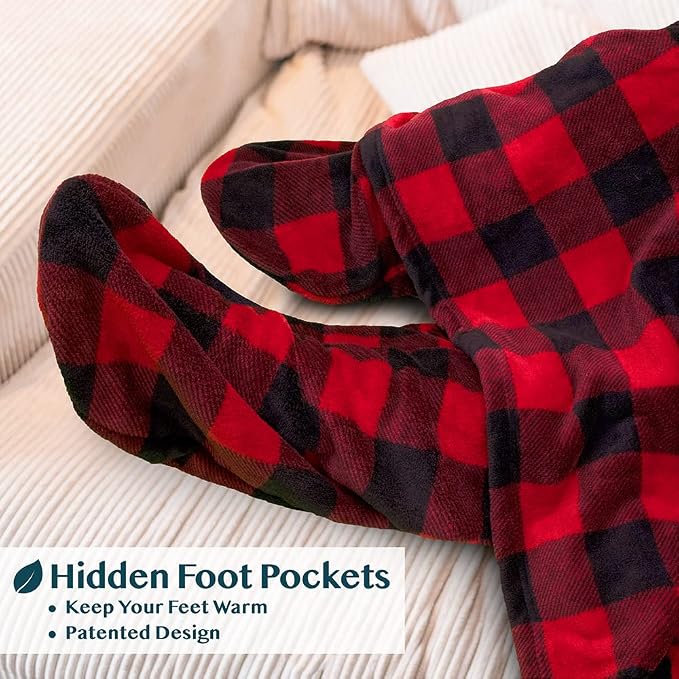 PAVILIA Fleece Blanket with Sleeves, Foot Pockets for Women Men Adults, Plush Wearable Blanket Throw Wrap, Warm Snuggle Blanket Robe, Cozy Gift Ideas Wife Mom, Checkered Red - Image 2