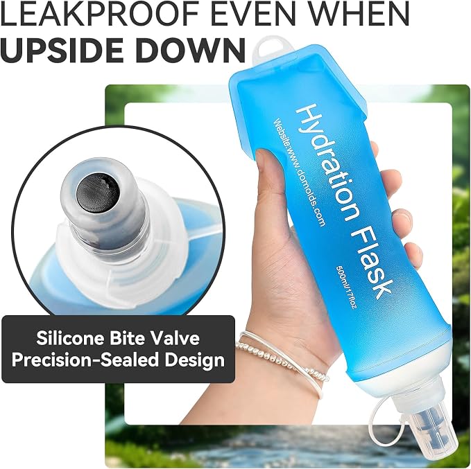 2 Pack 500ml Soft Flask, Shrink As You Drink Collapsible Water Bottles for Running Vest & Hydration Pack, BPA-Free Leak-Proof TPU Folding Bottle for Hiking Cycling Climbing Jogging-Blue - Image 3