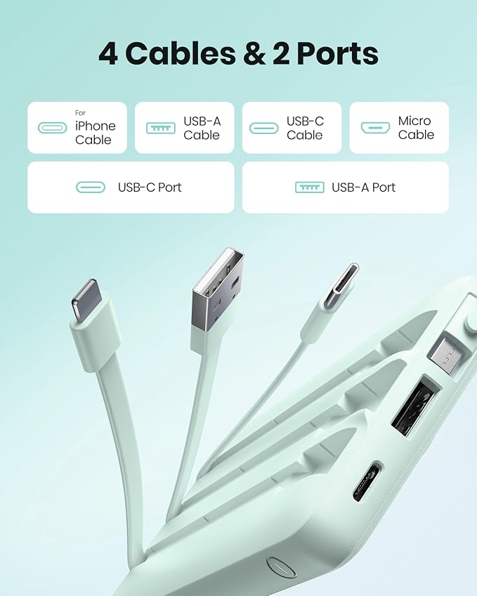 Portable Chargers 10000mAh, Slim Travel Essentials Power Bank, 5 Outputs 2 Inputs LED Display External Battery Pack with Built-in Cables Compatible with iPhone/Android & More (Teal) - Image 2