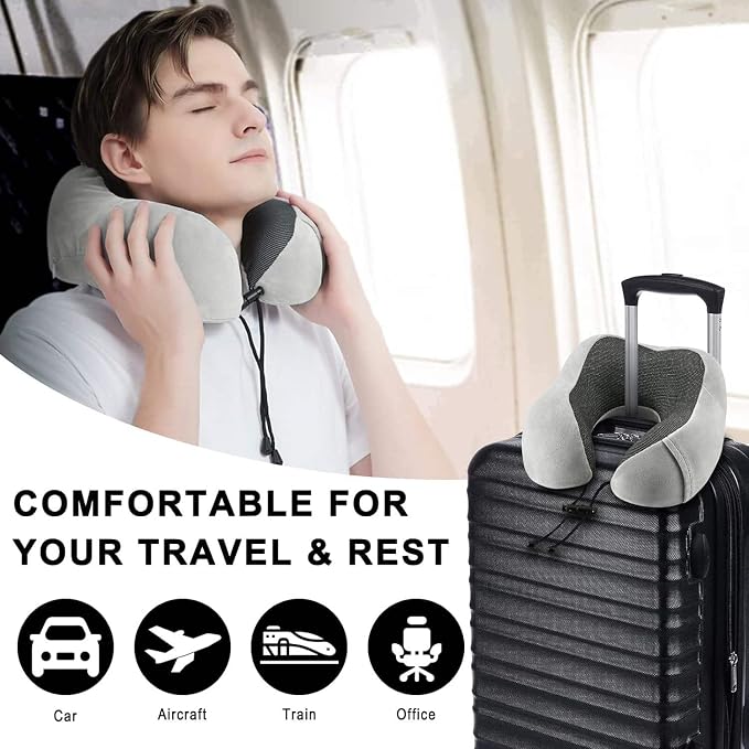 Airplane Travel Neck Pillow, 100% Memory Foam Ergonomic Neck Support, Airplanes Neck Pillow with Washable Cover Travel Essential for Flight & Office include Eye Mask, Earplugs & Carry Bag (Light Gray) - Image 7