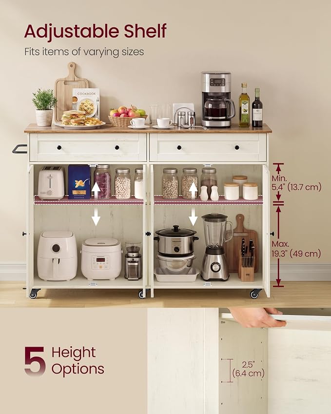 VASAGLE Mobile Kitchen Island with Storage Cabinet for Kitchen, Dining Room | Portable Mobile Cart on Wheels , 15.8 x 53.7 x 35.1 Inches, Rustic White and Honey Brown, SIREN Collection UKKI016WJ01S - Image 5
