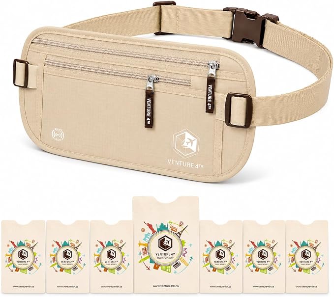 VENTURE 4TH Travel Money Belt with 7 RFID Sleeves - Beige by VENTURE4TH