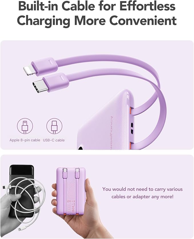 Mini Portable Charger with Built-in Cables 22.5W Fast Charging Power Bank USB-C Small Battery Pack 10000mAh Travel Essential Slim Battery for iPhone 17/16/15/14, Samsung 25/24, and More | with Built-in Cables Power Bank,USB-C Small Battery Pack Travel ... - Image 4