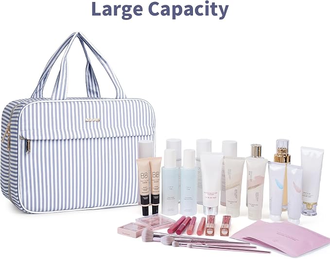 Narwey Striped Hanging Travel Toiletry Bag, Makeup Bag Organizer Make up Toiletries Bags for Full Size Essentials, Accessories, Brushes, Cosmetics (Greyish Blue Stripe, Large) - Image 6
