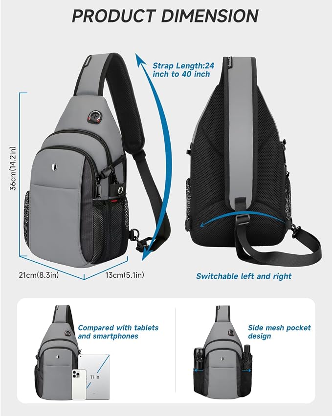 Anti-Theft Sling Bag for Men, Water Resistant lightweight Crossbody Backpack With Side Pocket, Built-in Audio Port, Reversible Strap, Travel Hiking Chest Pack Fits 11 inch iPad & Switch 2 - Image 4
