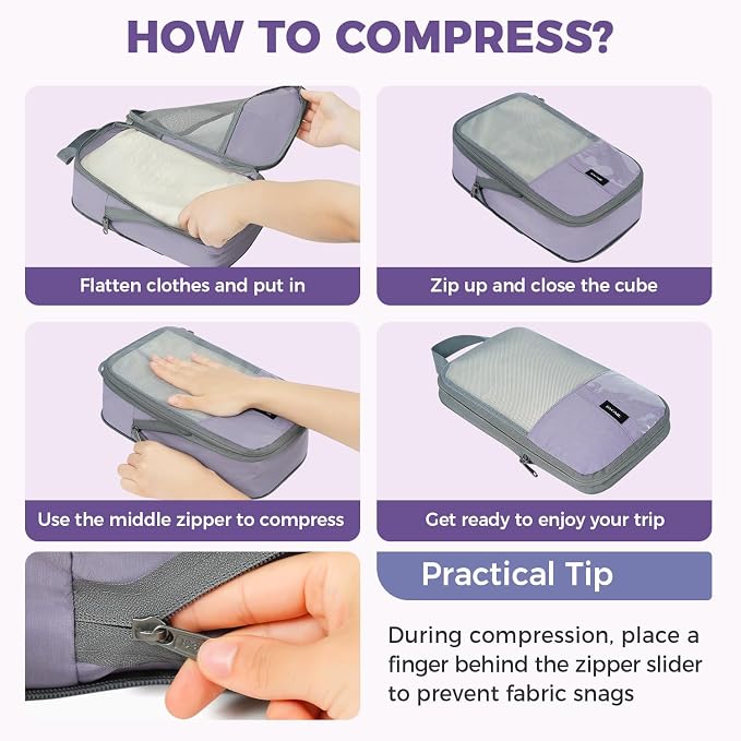 BAGAIL Lightweight Compression Packing Cubes for Travel, 6 Set,Dusty Purple | Salis Nylon Fabric,Anti-Tearing,Save Space,SBS Zippers,Packing List,PVC Tag Pocket,Custom Labels,Visible Mesh,Portable Handel - Image 6