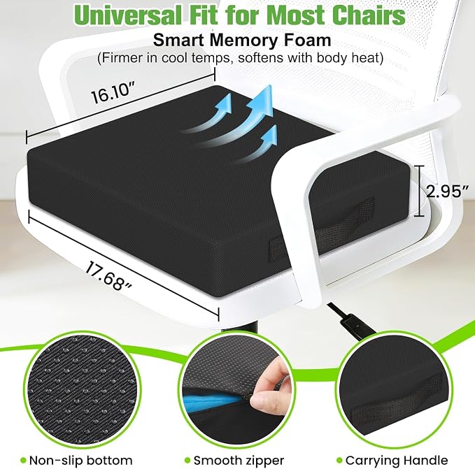 Seat Cushion for Office Chairs, Memory Foam Chair Cushion with Patterned Core for Even Support, Back, Tailbone & Sciatica Relief, Chair Pillow with Carry Handle for Car, Wheelchair(Black) - Image 3