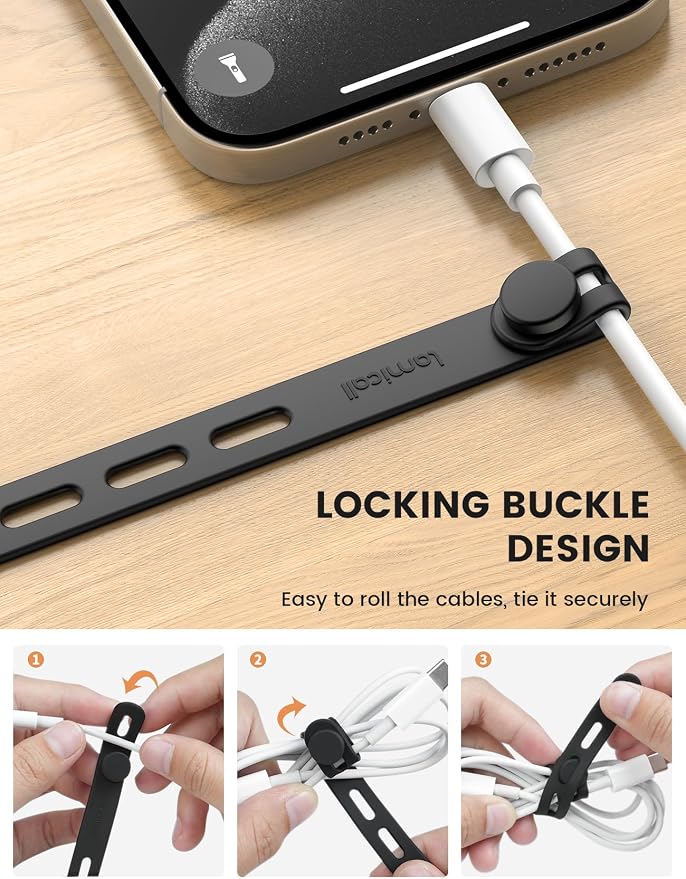 Lamicall 20 Pack Silicone Cable Ties, Reusable Wire Organizer Straps | Locking Buckle, Adjustable Charger Cable Straps, Office Desk Organizer Accessories, Electrical Cord Management for Travel - Image 3