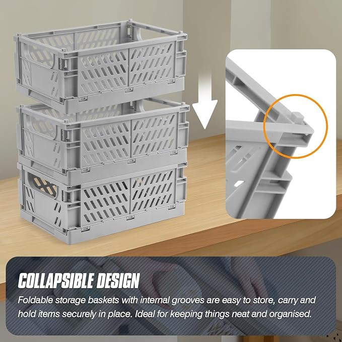 4 Pcs Collapsible Storage Crates, 10x5.9x4 inches Space-Saving Folding Containers, Stackable Plastic Boxes for Home Kitchen Office Bedroom Bathroom, Light Gray - Image 4