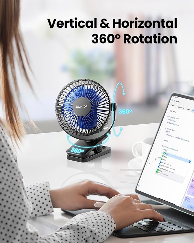Gaiatop Portable Clip on Fan, Mini Personal Quiet Rechargeable Fan | Battery Operated, Small 3 Speed 360° Rotate, Cooling for Desk Table Home Office Stroller Camping Women Gifts Black Blue - Image 2