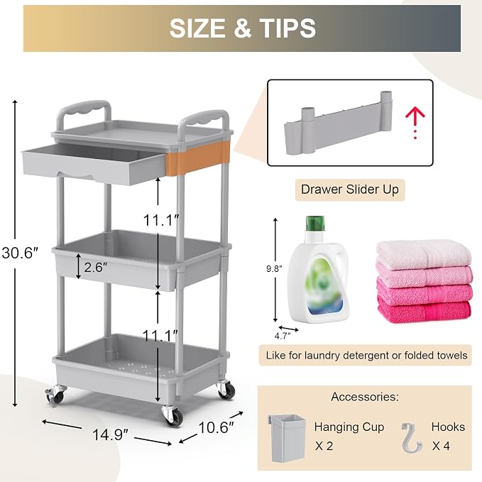 Goovilla 3 Tier Rolling Utility Cart Organizer with Removable Drawer, Grey | Stable and Sturdy Rolling Storage Carts with 2 Lockable Wheels for Bathroom, Kitchen, Snack, Craft, Makeup, Baby Essentials - Image 4