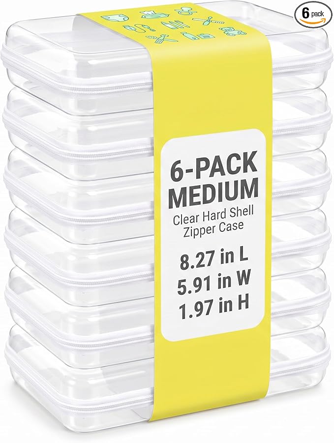 6 Pack Clear Hard Shell Zipper Case, Clear Storage Organizer Bins with Zipper, Water-Resistant Travel Toiletry Bag for Makeup, Cables, Snacks, Crafts, Office Supplies by Unknown
