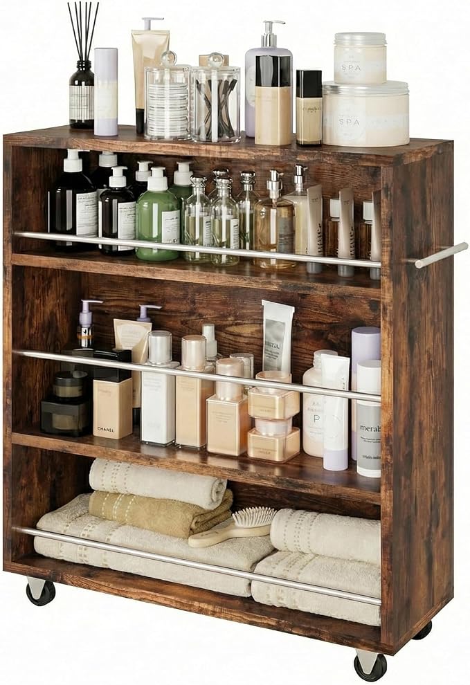 4-Tier Slim Rolling Cart with Wheels, 7.9"W Narrow Storage, Rustic Brown | 4 adjustable MDF shelves (20 lbs each), 360° casters + side handle, Fits kitchen, laundry, bathroom & dorm tight gaps by Albad
