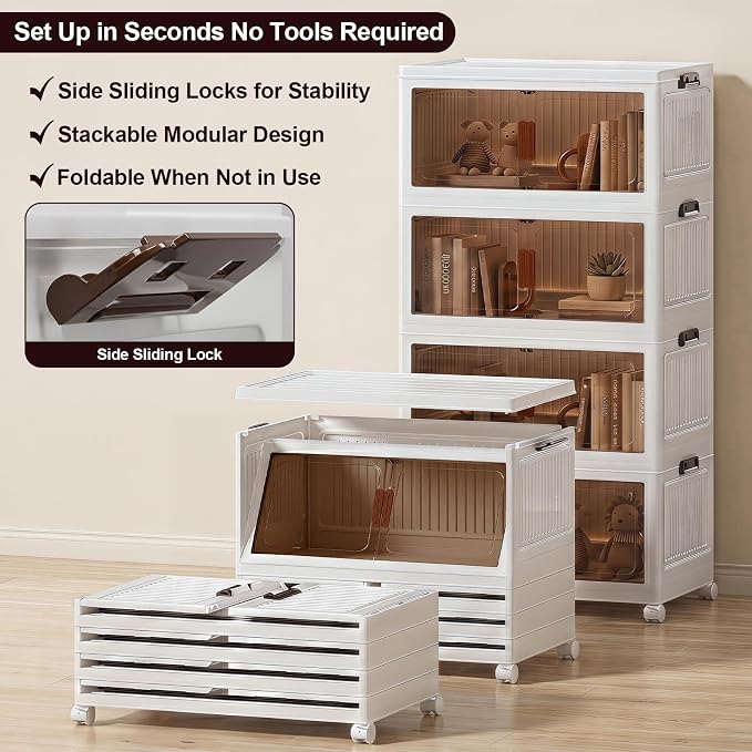 4 Tier Stackable Storage Bins with Lids, 96QT Large Capacity Storage Cabinet (24QT Per Tier), Foldable Closet Organizer with Wheels and Front Opening Doors for Clothes, Toys, Pantry, Bedroom - Image 5
