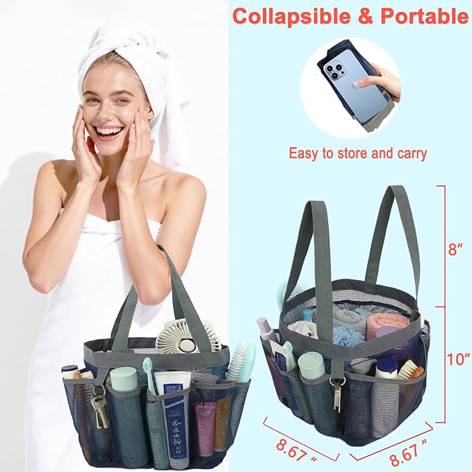 Fammart Mesh Shower Caddy Portable for College Dorm Room Essentials, Odorless Polyester Large Shower Tote Bag with Dual Handles, 8-Pocket Quick-Dry Toiletry Organizer for Travel, Beach, Camping, Gym - Image 2