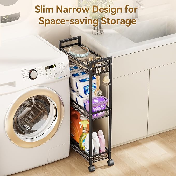 Slim Rolling Storage Cart, Metal 3 Tier Bathroom Storage Organizer Laundry Room Utility Cart for Kitchen, Bthroom, Makeup, Craft, Laundry Narrow Places, Black - Image 2
