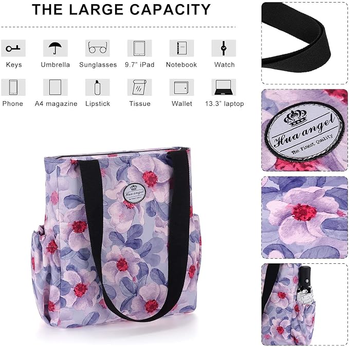 HUA ANGEL Floral Tote Bag - Casual Shoulder Bag Daily Tote Bag with Zipper Gym Travel Shopping Work Handbag for Women - Image 4