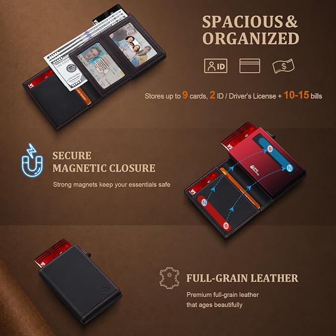 Wallet for Men Full Grain Leather Wallet with 2 ID Windows RFID Blocking Trifold Pop Up Credit Card Holder Wallet 9-11 Cards Slim Minimalist Genuine Leather Wallet for Men-Black Red - Image 5