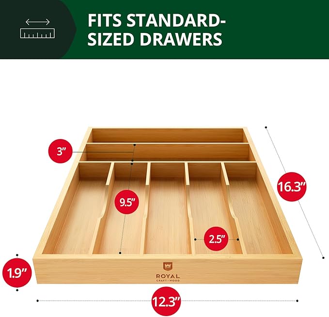 ROYAL CRAFT WOOD Luxury Bamboo Utensil Rack and Silverware Organizer, Kitchen Drawer Organizer - Utensil Holder and Cutlery Tray with Grooved Drawer Dividers for Flatware 7 Slot, Natural - Image 3