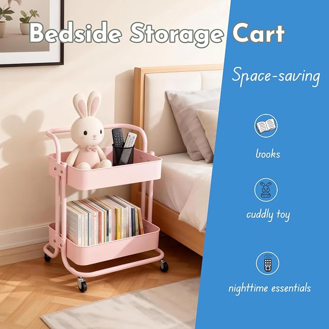 2 Tier Short Rolling Cart with Wheels All-Metal Pink Pantry Storage for Kitchen,Under Desk Trolley with Handle Small Wheeled Storage Cart for Laundry Room Bathroom, Under Table Small Space - Image 9
