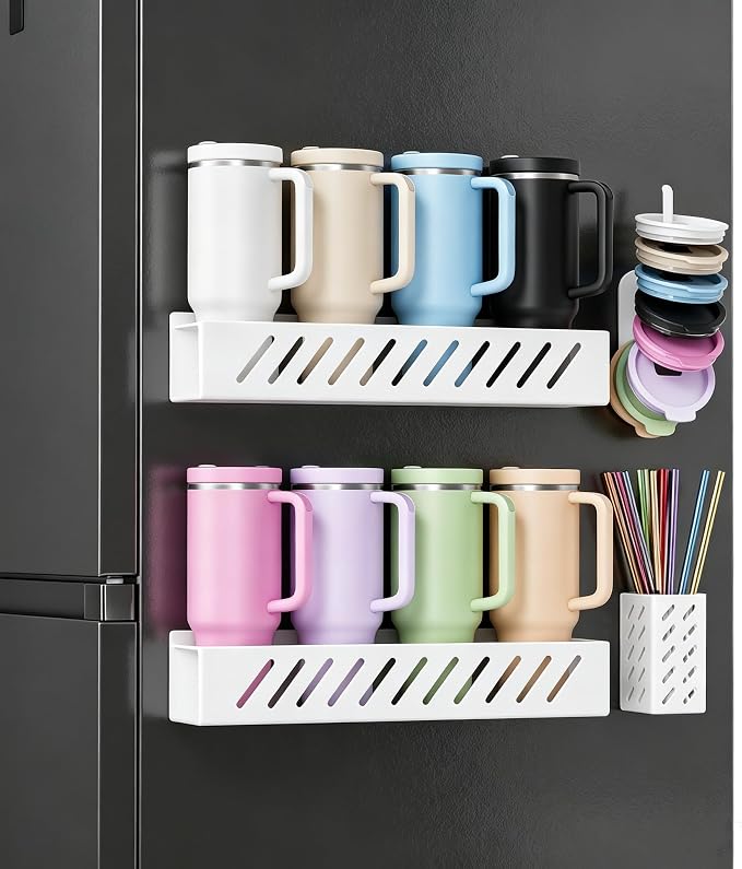 Magnetic Stanley Cup Holder for 8 Tumblers, Lid & Straw, 2-Pack, White | 2-pack magnetic holder for 8 Stanley 30/40 oz tumblers with lid & straw storage, secure fridge mount, white - Image 6
