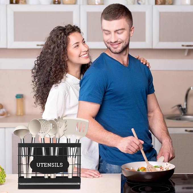 Magnetic Utensil Holder for Fridge Large Silverware Organizer Kitchen Utensil Organizer with Draining Kitchen Counter Sturdy Black Metal Cooking Caddy Storage for Silicone Spatula Fork Spoon - Image 6