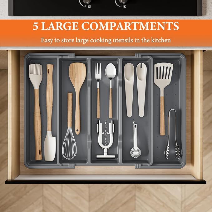 Large Expandable Silverware Drawer Organizer, Utensil Tray | Kitchen Drawer Organizer for Spoons/Forks/Knives, Multipurpose & BPA Free Cutlery Tray(1 Pack, Gray) - Image 3