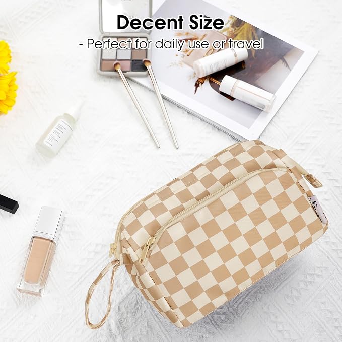 Narwey Large Checkered Makeup Bag Women Wide-open Make up Bag Travel Cosmetic Bag Organizer Toiletry Bag for Cosmetics Toiletries Accessories (Light Checkerboard) - Image 7