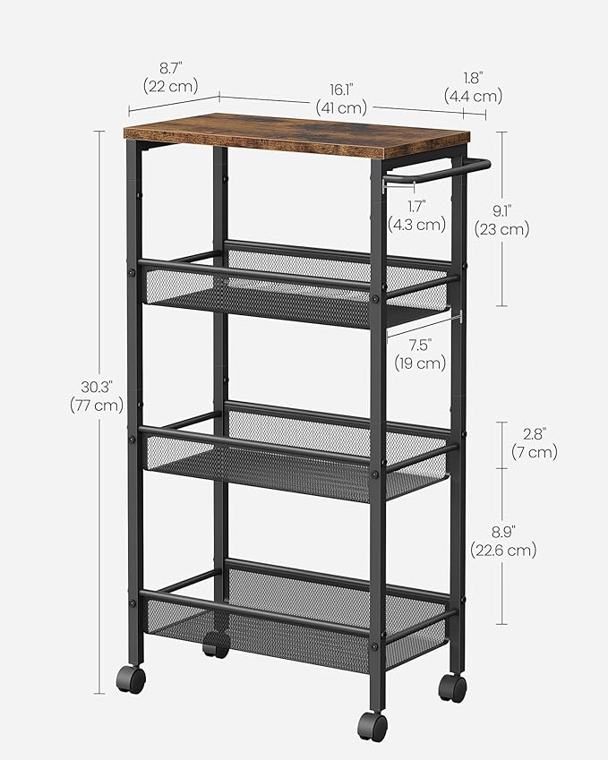 VASAGLE Slim Rolling Cart, 4-Tier, 8.7 Inches Deep, Steel Frame | Storage Cart with Handle, Narrow for Kitchen, Living Room, Rustic Brown and Matte Black, DACEY Collection ULRC033B01 - Image 6